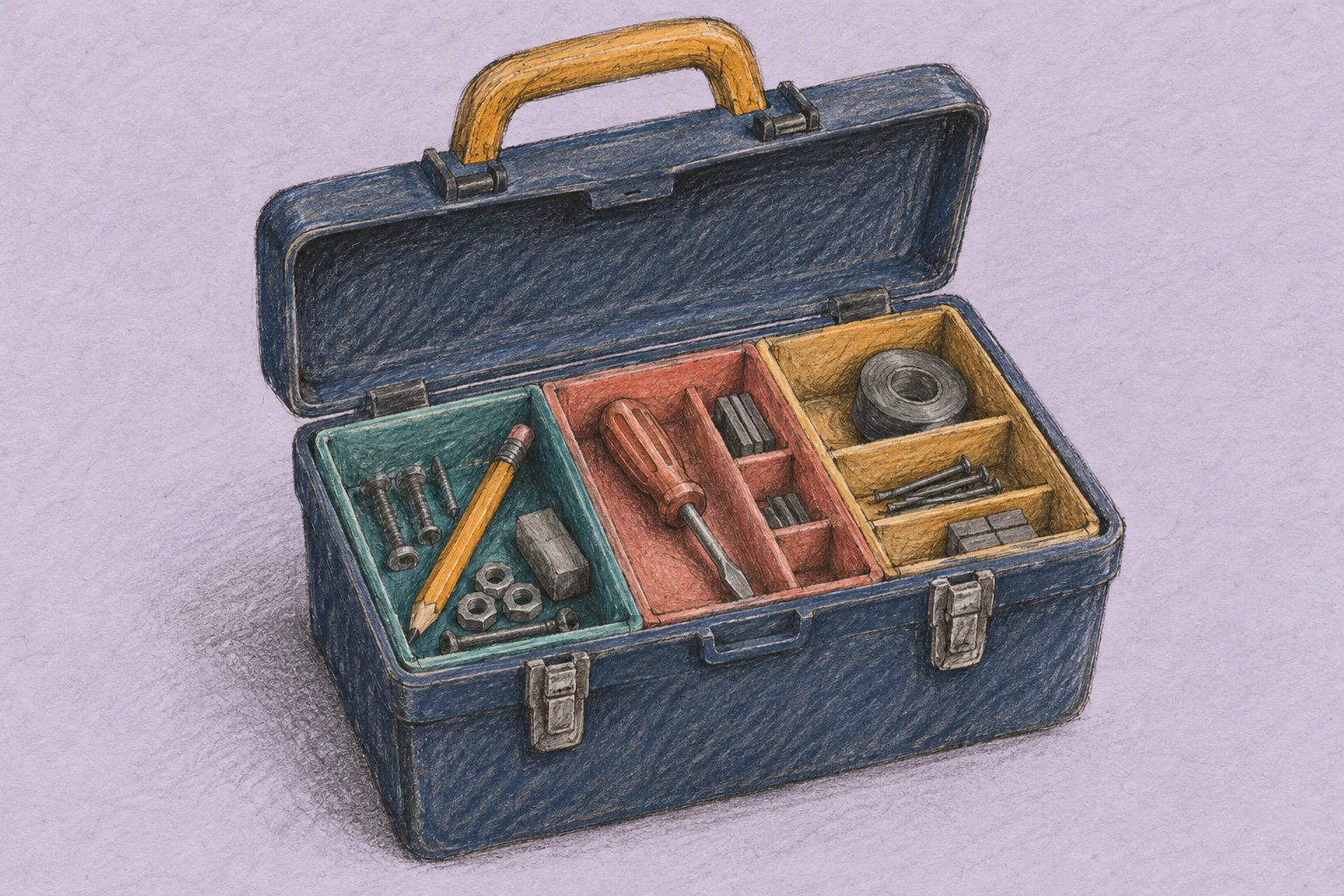 Colored-pencil illustration of an open navy toolbox with teal, coral, and ochre compartments on lavender paper