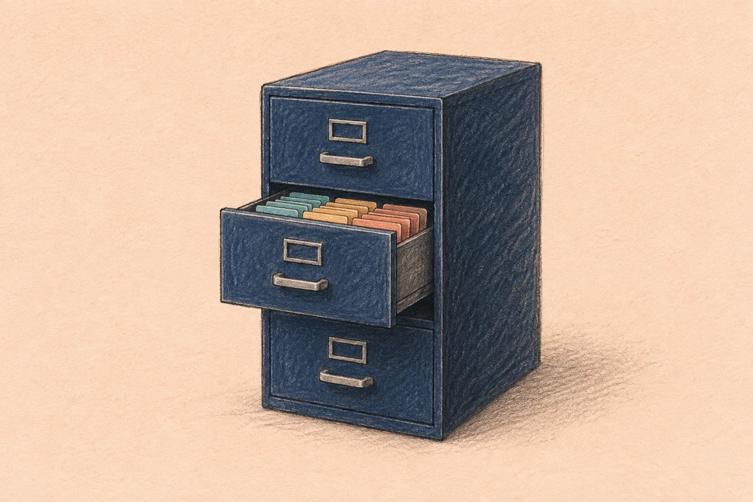 Pencil illustration of a navy filing cabinet with an open drawer of teal, ochre, and coral folders on peach paper