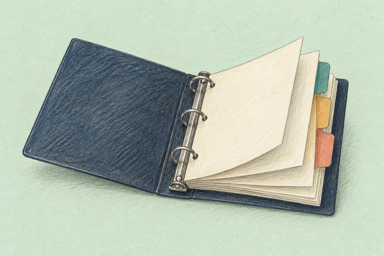 Pencil illustration of an open navy ring binder with cream pages and colored divider tabs on a pale mint background.