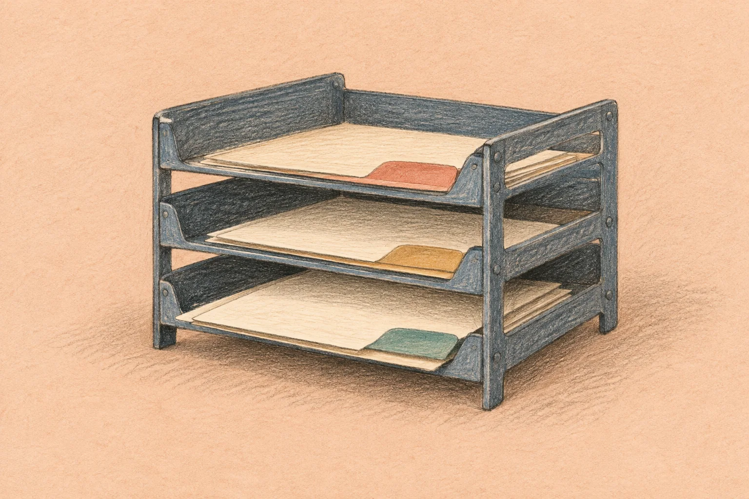 Pencil illustration of a blue-gray letter tray holding cream folders with colored tabs on peach paper.