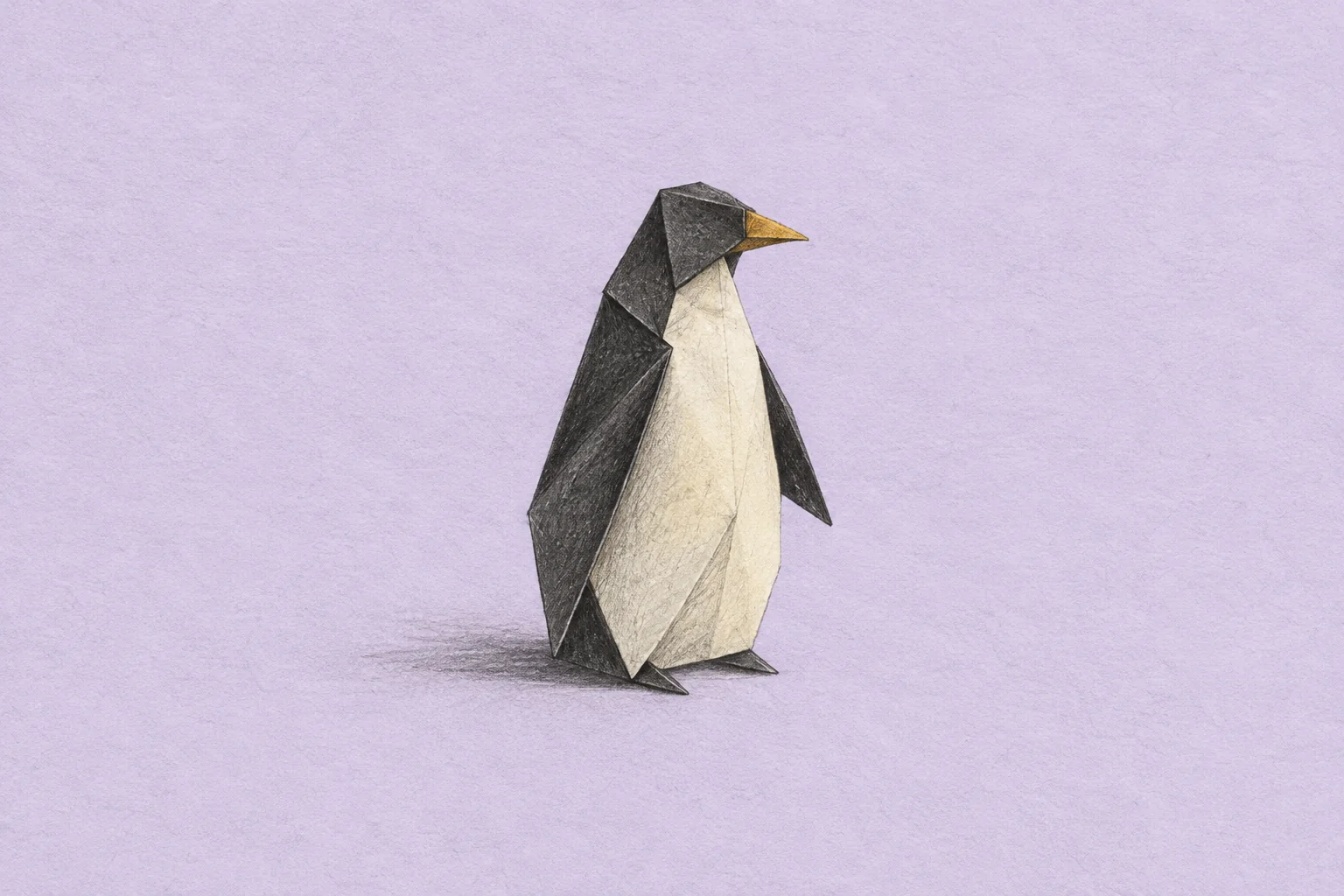 Pencil illustration of a folded-paper penguin on a pale lavender background.