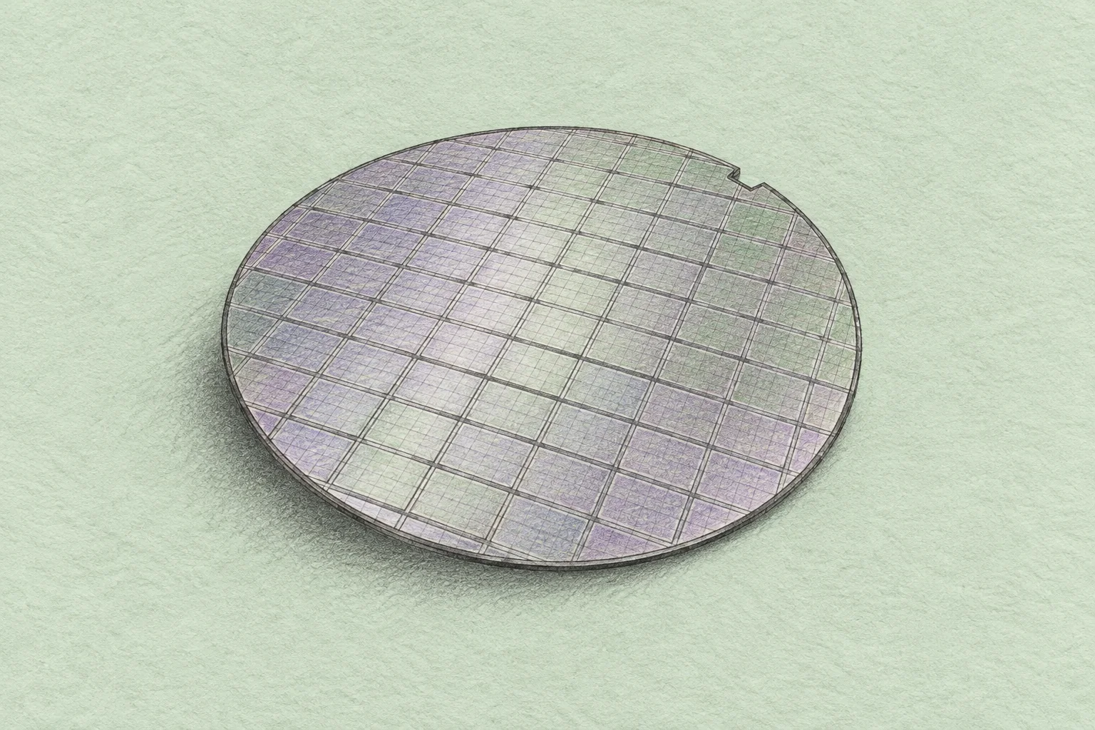 Pencil illustration of a silicon wafer with a grid of chip dies on pale mint paper.