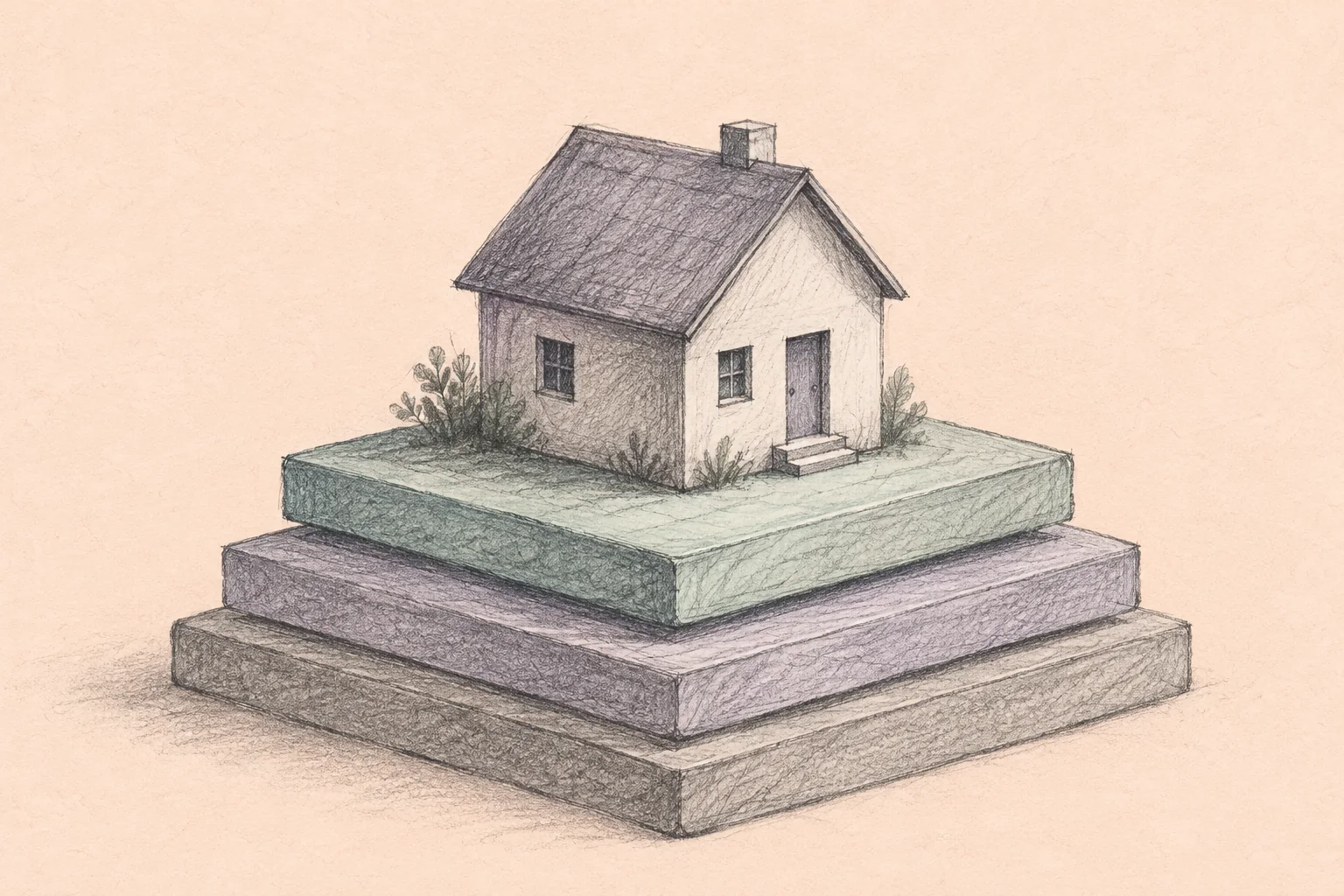 Pencil illustration of a small house on three stacked platforms against pale peach paper.