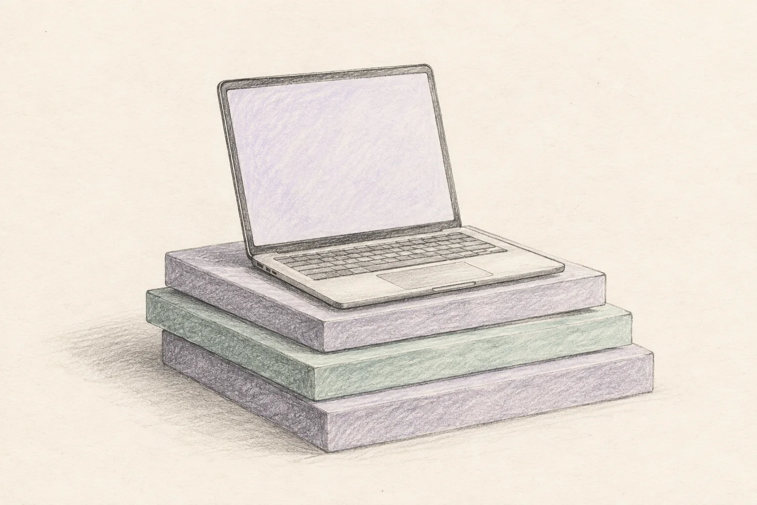Pencil illustration of a laptop resting on three layered platforms on cream paper.