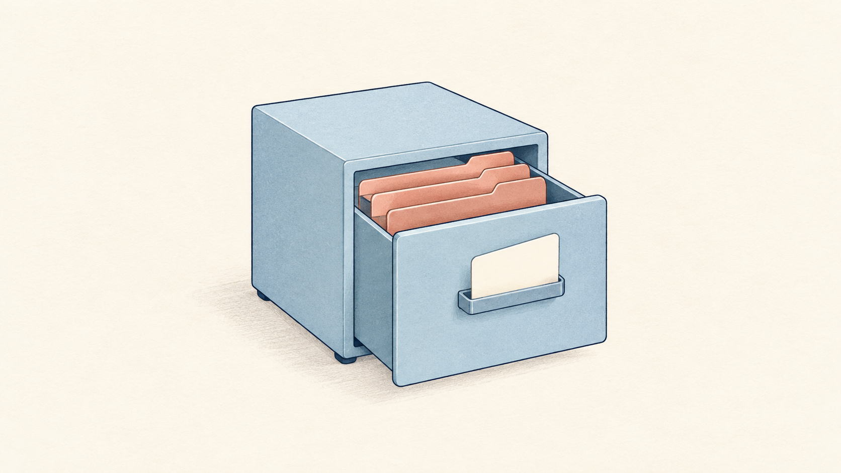 An open pale-blue filing drawer with coral folders and a blank card in its front handle.
