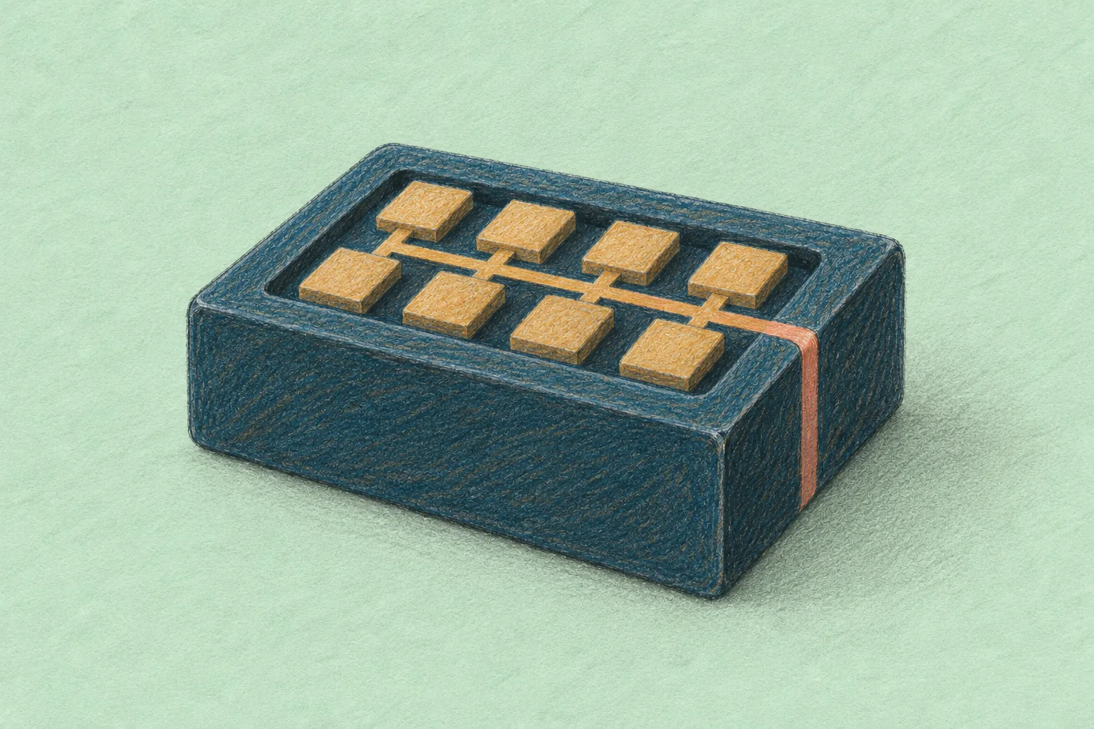 Colored-pencil illustration of eight connected ochre squares inside a dark blue computing block on a mint background.