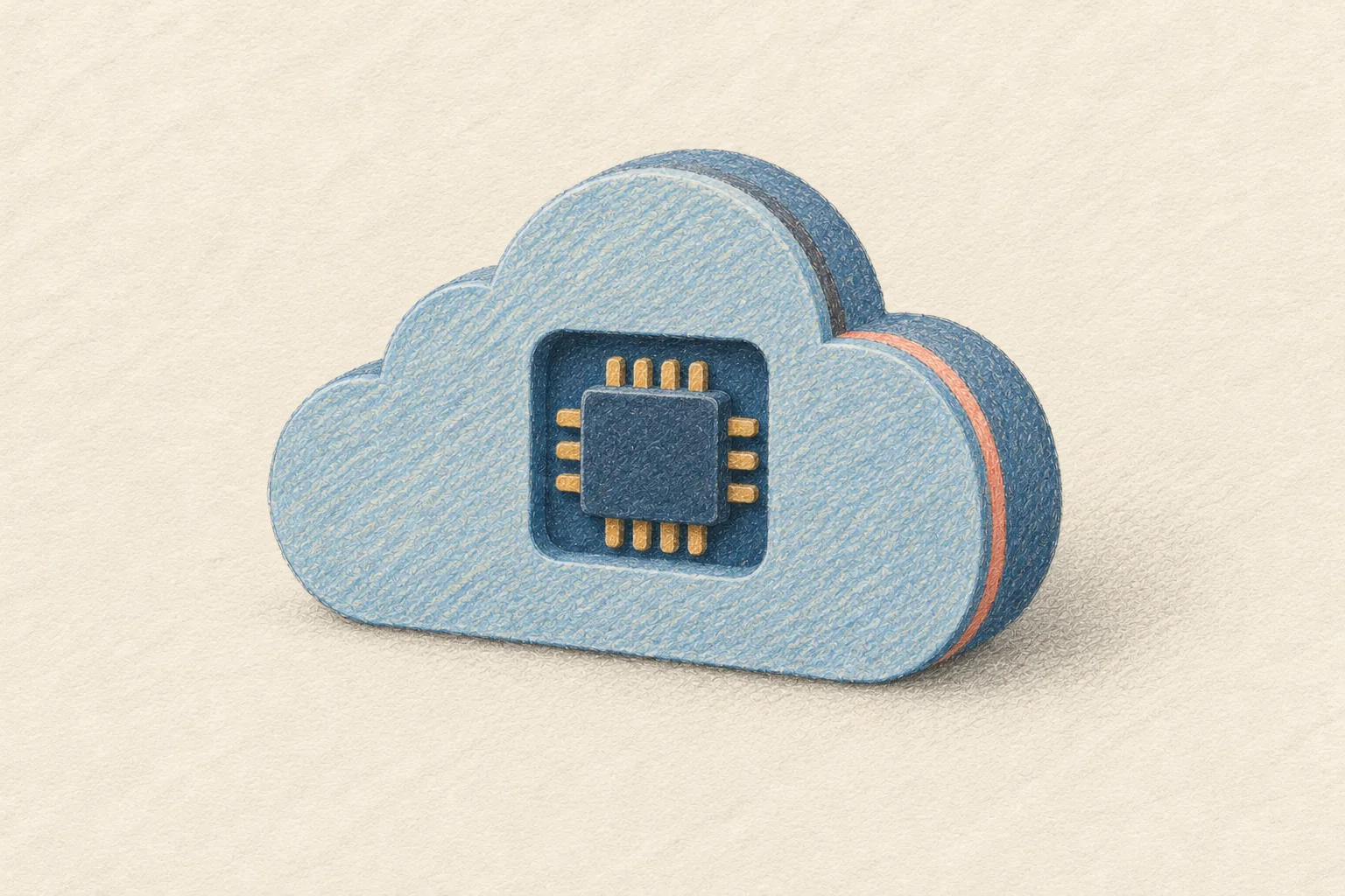 Colored-pencil illustration of a layered blue cloud with a dark microchip at its center.