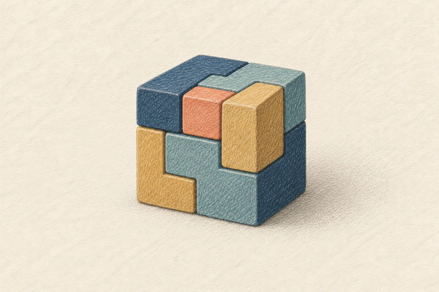 Colored-pencil illustration of interlocking navy, teal, ochre, and coral blocks forming a single cube.