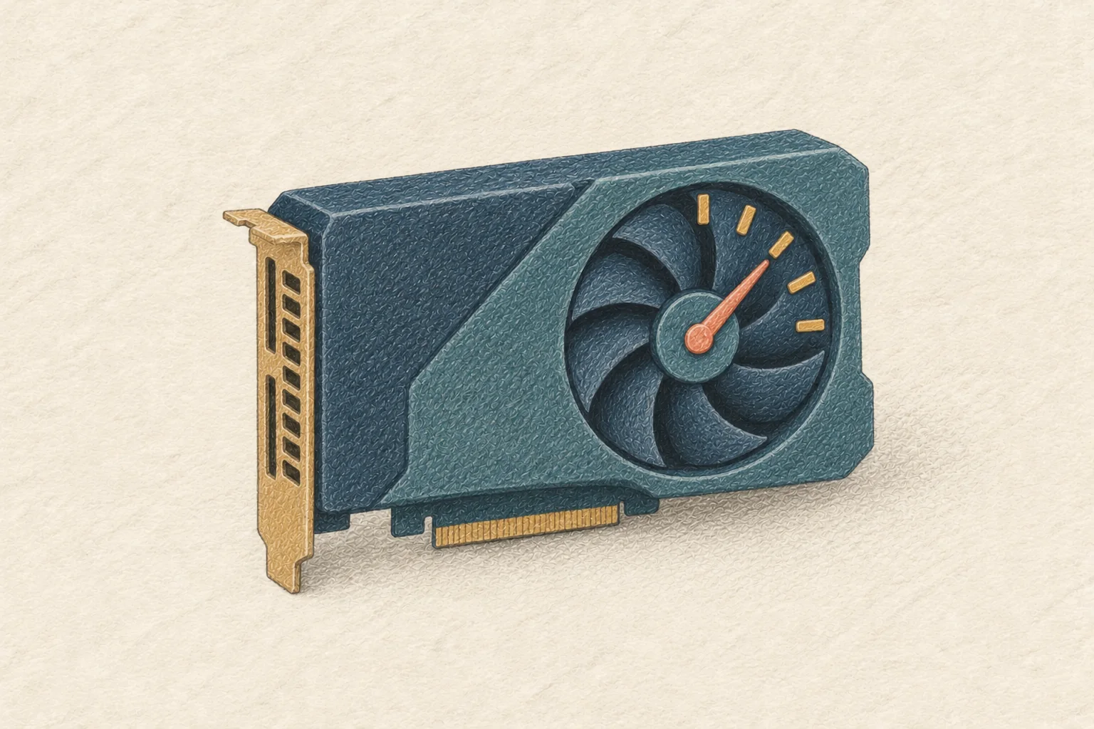 Colored-pencil illustration of a dark teal graphics card with a coral gauge needle integrated into its cooling fan.