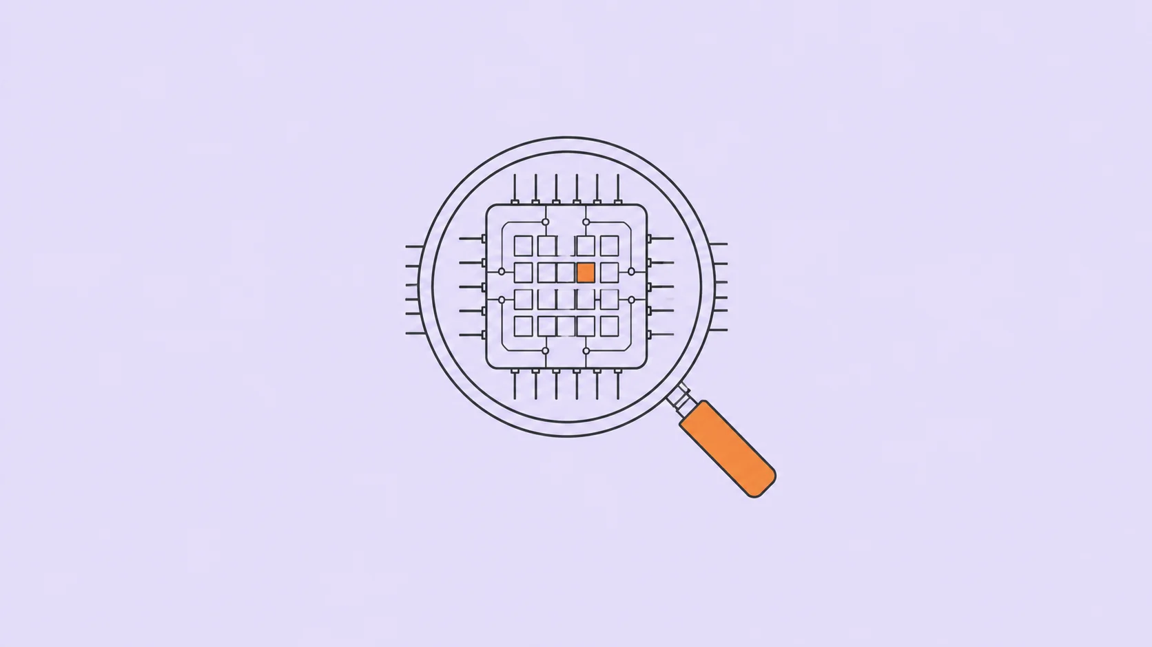 An outlined microchip under a magnifying glass on a pale lavender background.