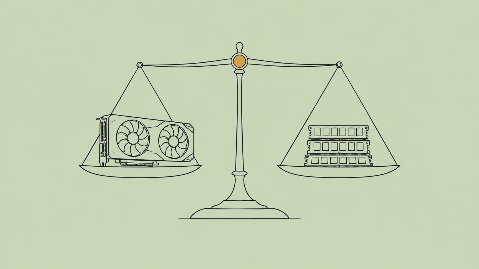 Line illustration of a balanced scale holding a graphics card and three memory modules.
