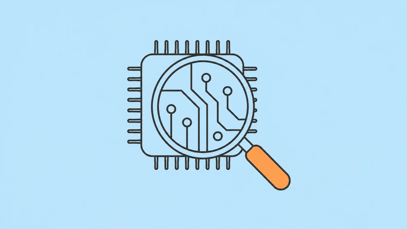 Line illustration of a magnifying glass examining a computer chip on a pale blue background.