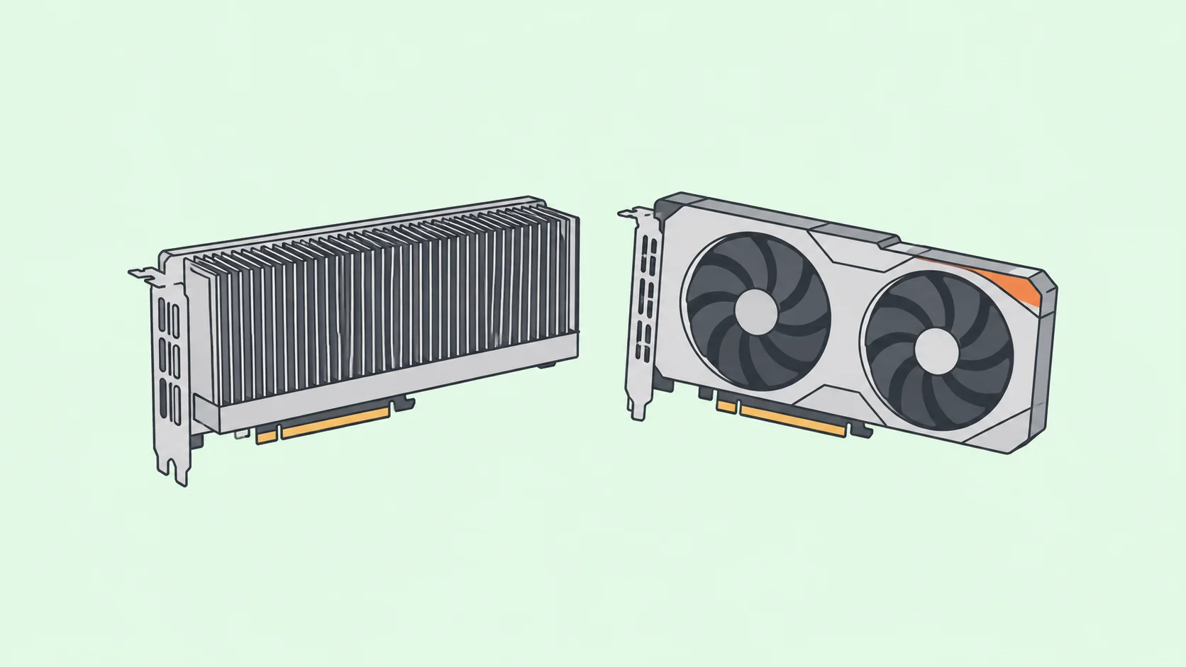 Line illustration of two GPU cards, one with a passive heat sink and one with cooling fans, on a pale mint background.