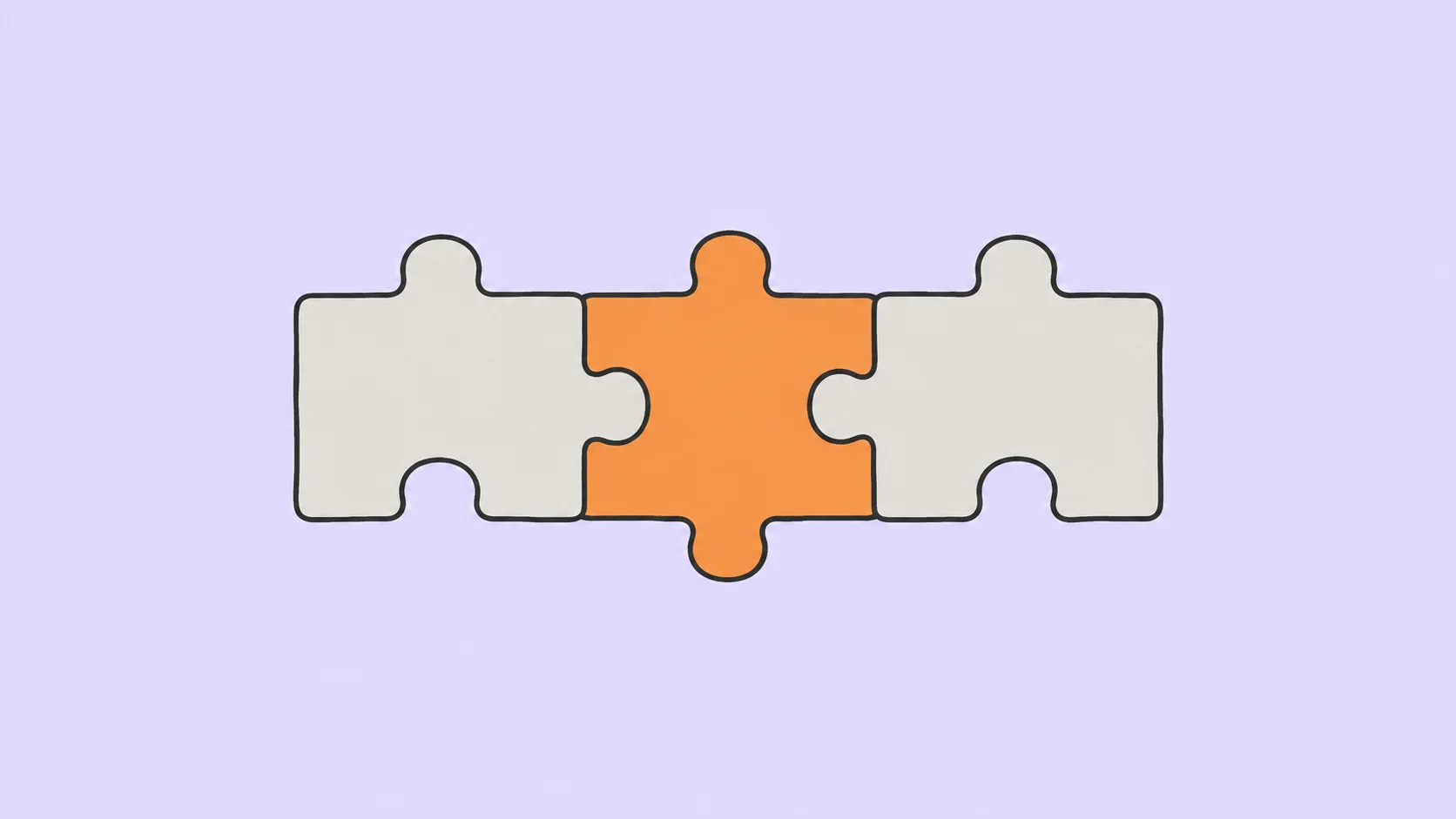 Trois pièces de puzzle dessinées au trait et assemblées, avec une pièce centrale orange sur un fond lavande pâle.