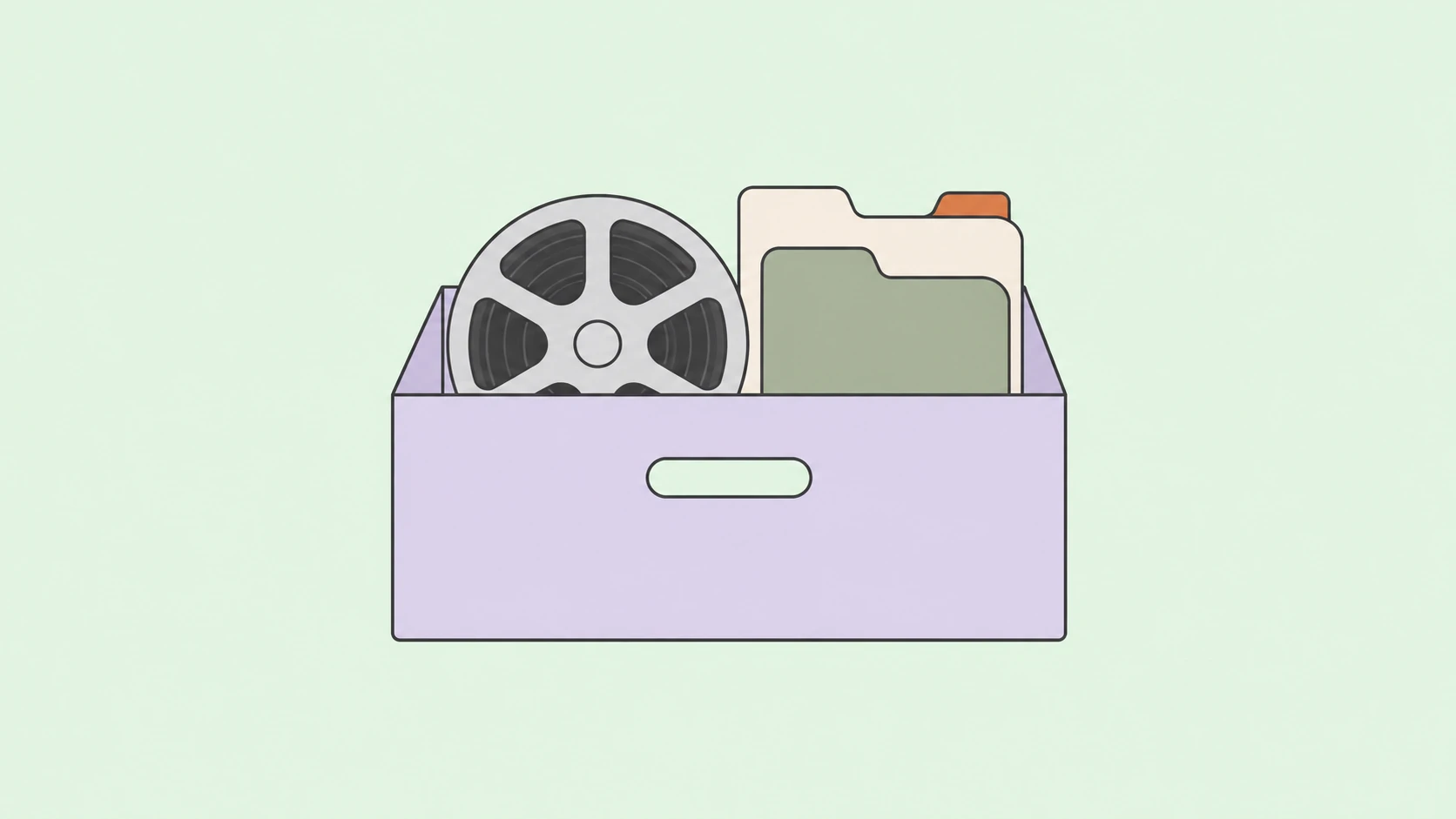 Boîte d’archives lavande ouverte contenant une bobine de film et des dossiers crème et sauge, avec un onglet orange sur fond menthe pâle.