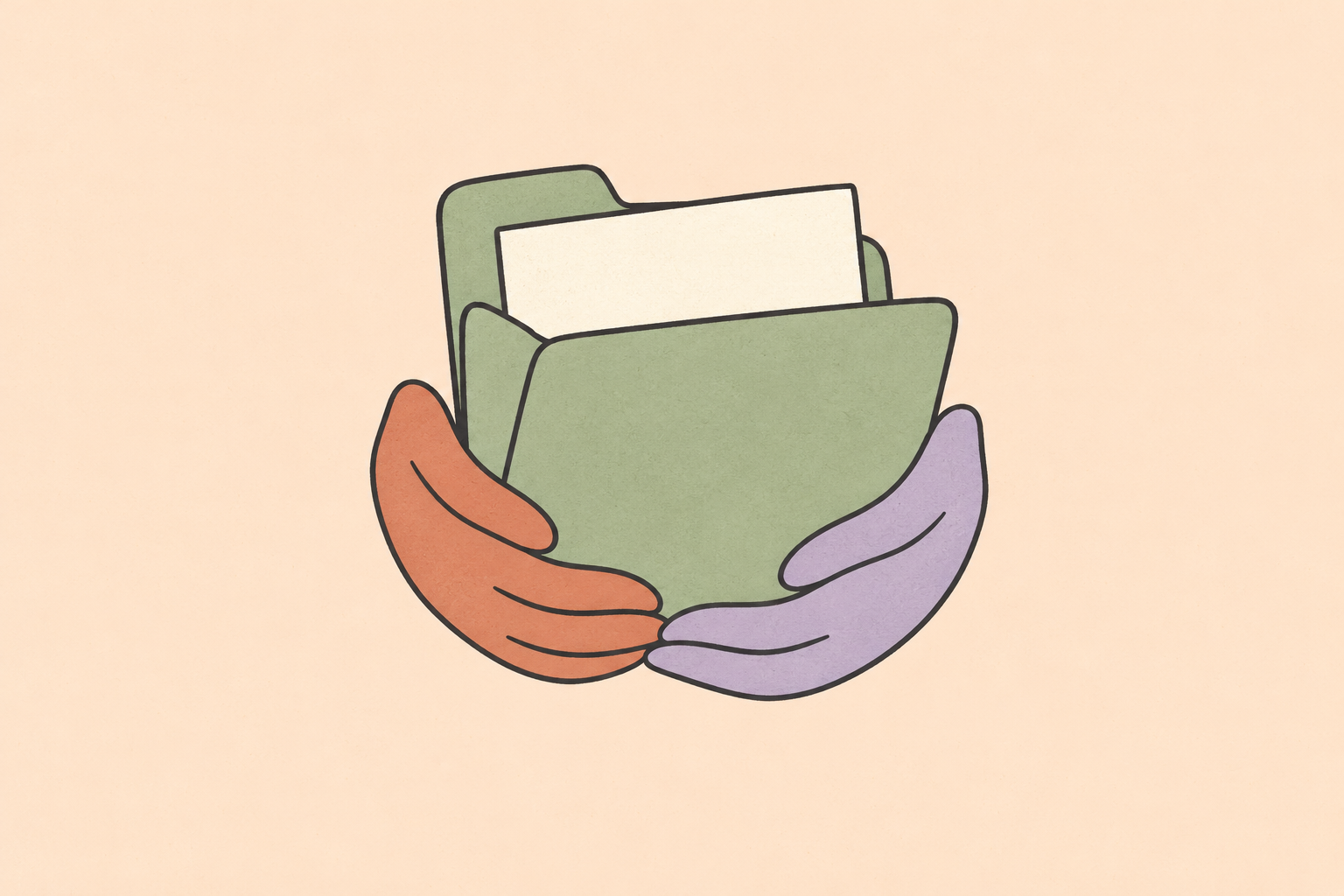 Two illustrated hands supporting a green folder on a pale peach background.