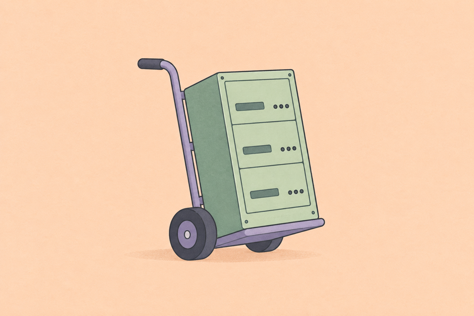 An illustrated green server cabinet on a hand truck against a pale peach background.