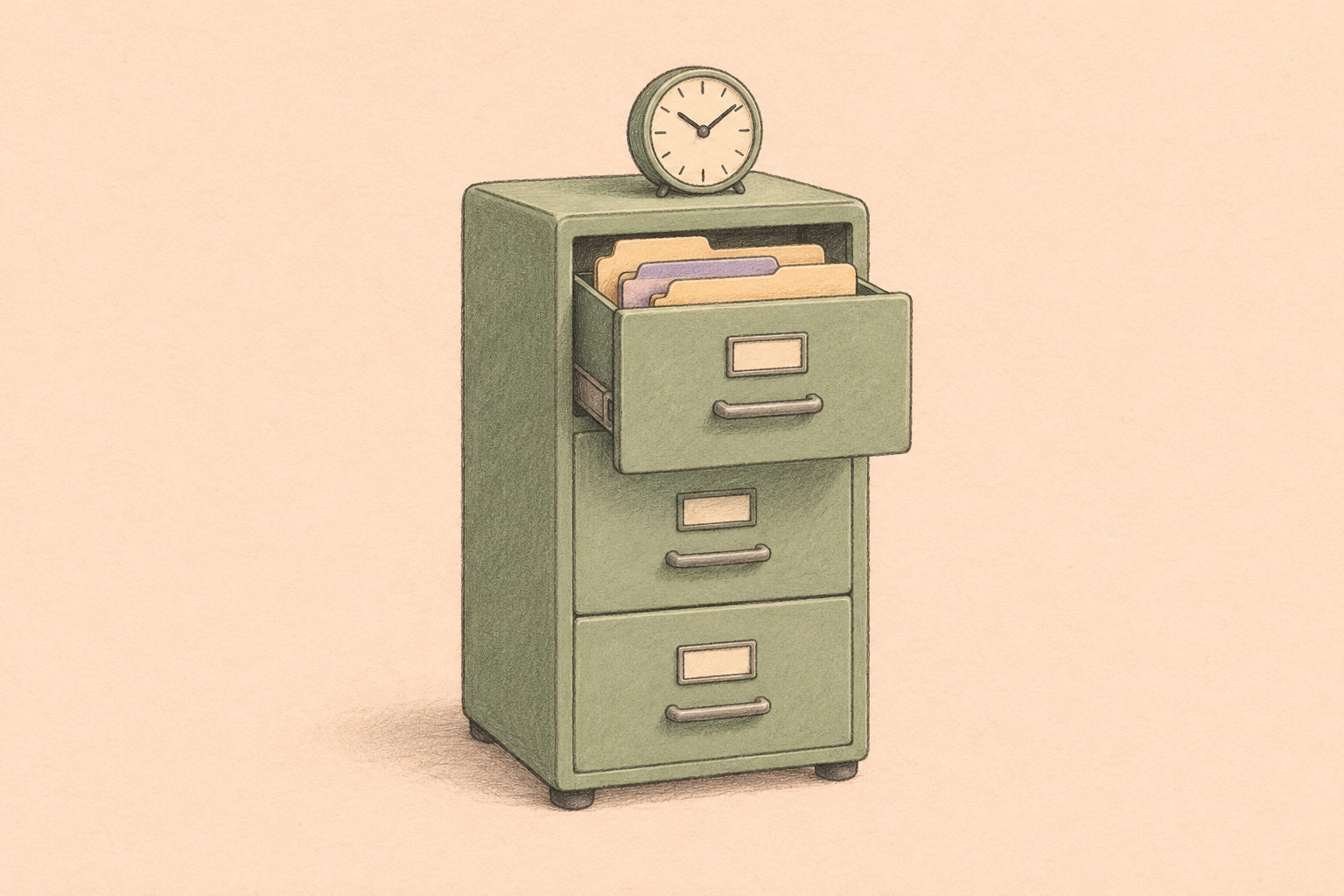An illustrated green filing cabinet with an open archive drawer and a clock on top.
