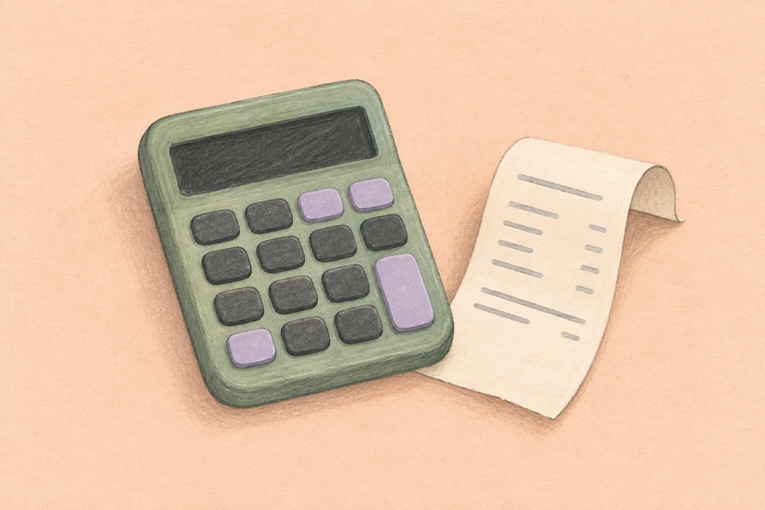 An illustrated green calculator beside a curled receipt on a pale peach background.