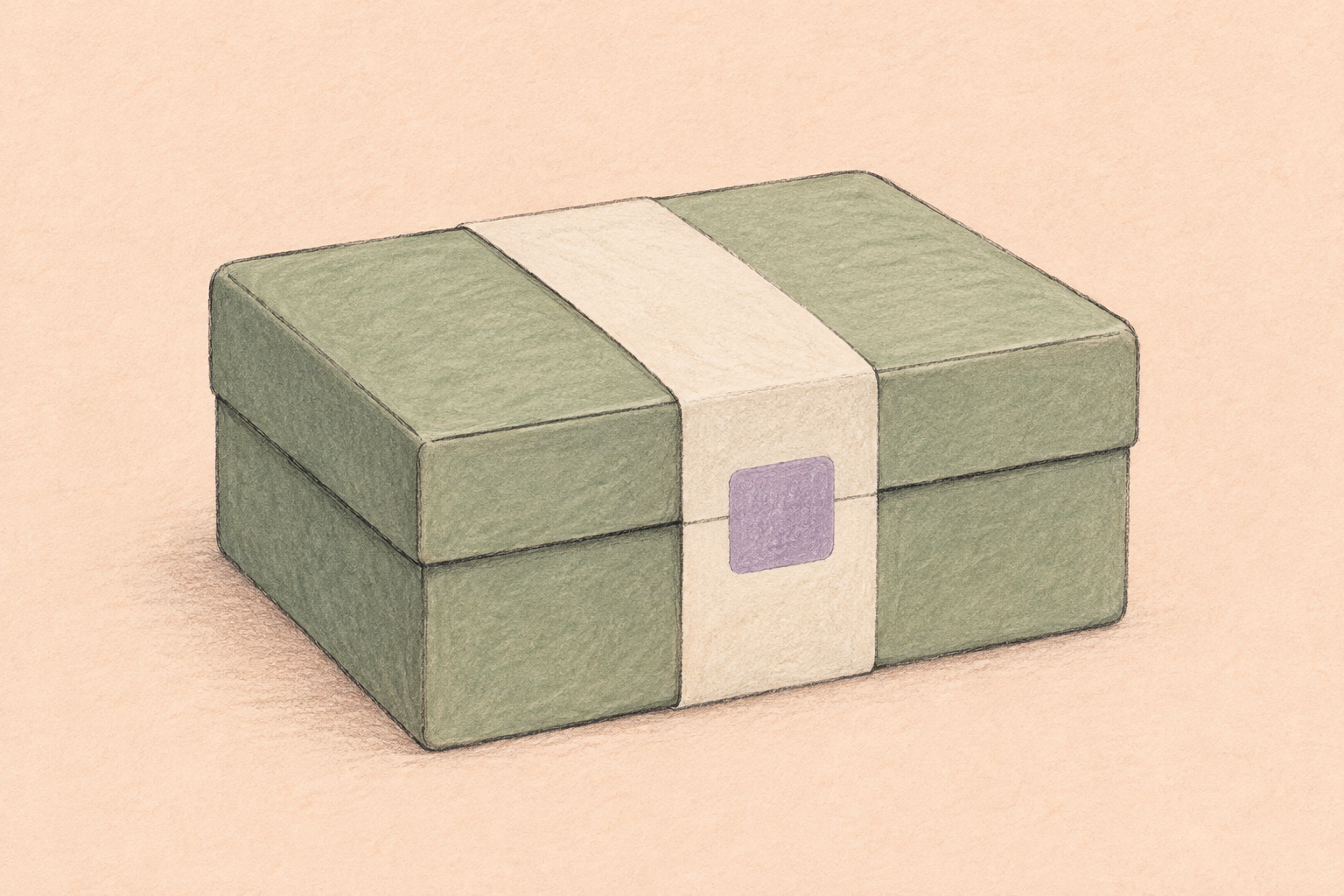 Illustration d’une boîte d’archives vert sauge fermée par une bande crème et un sceau lavande.