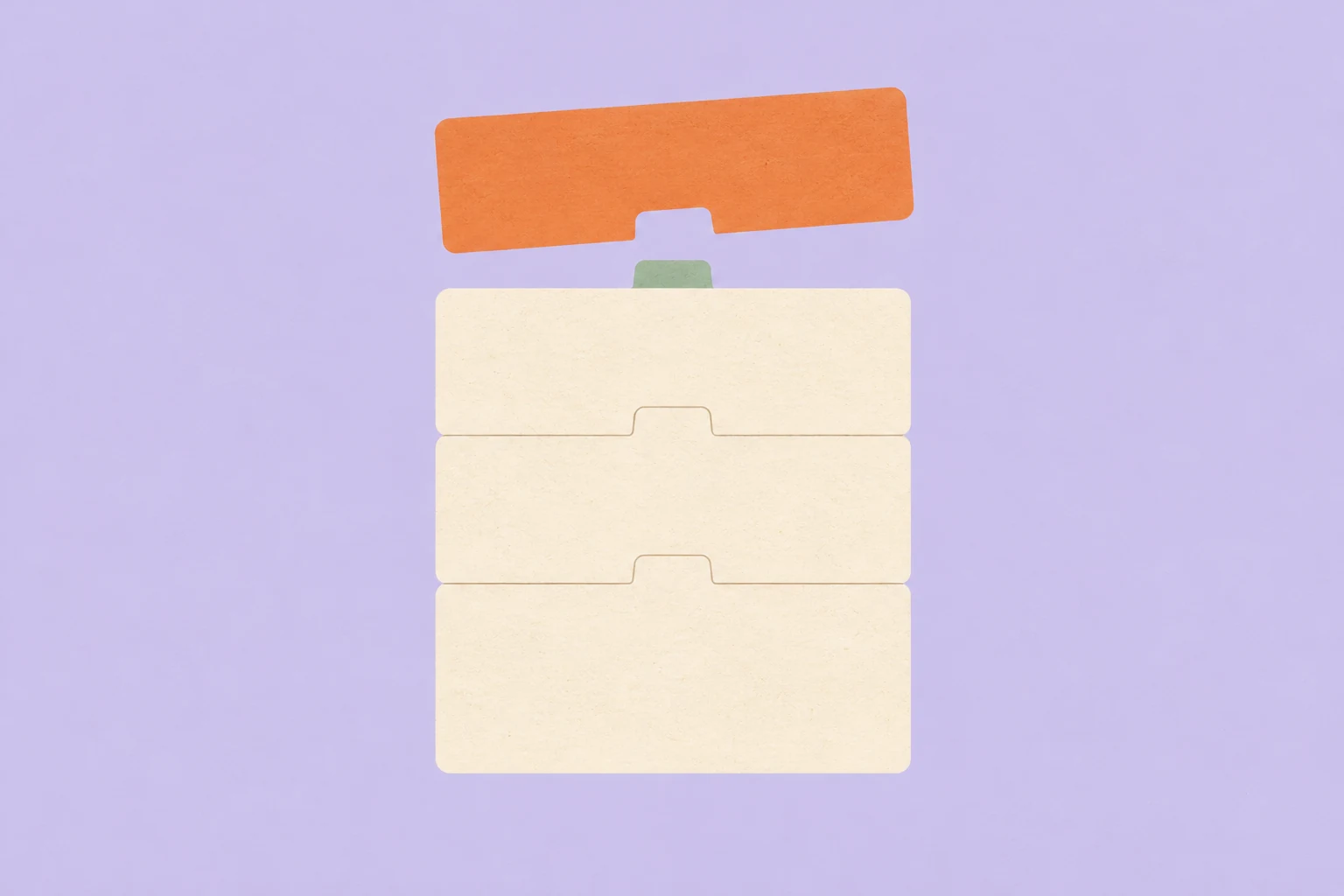 Cream document tiles stacked below a floating orange tile, with a sage-green tab on a lavender background.