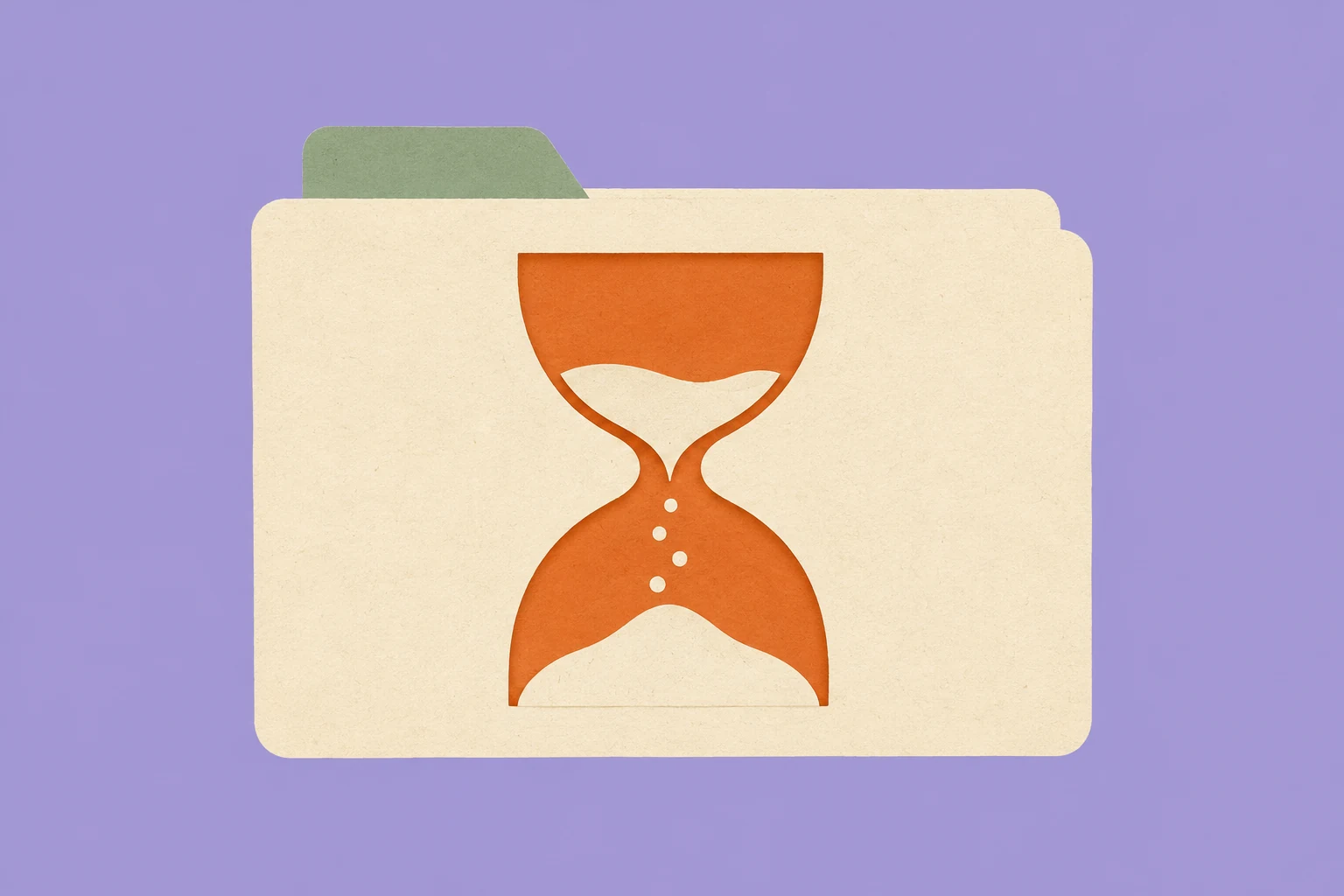 Cream file folder with an orange hourglass and sage-green tab on a lavender background.