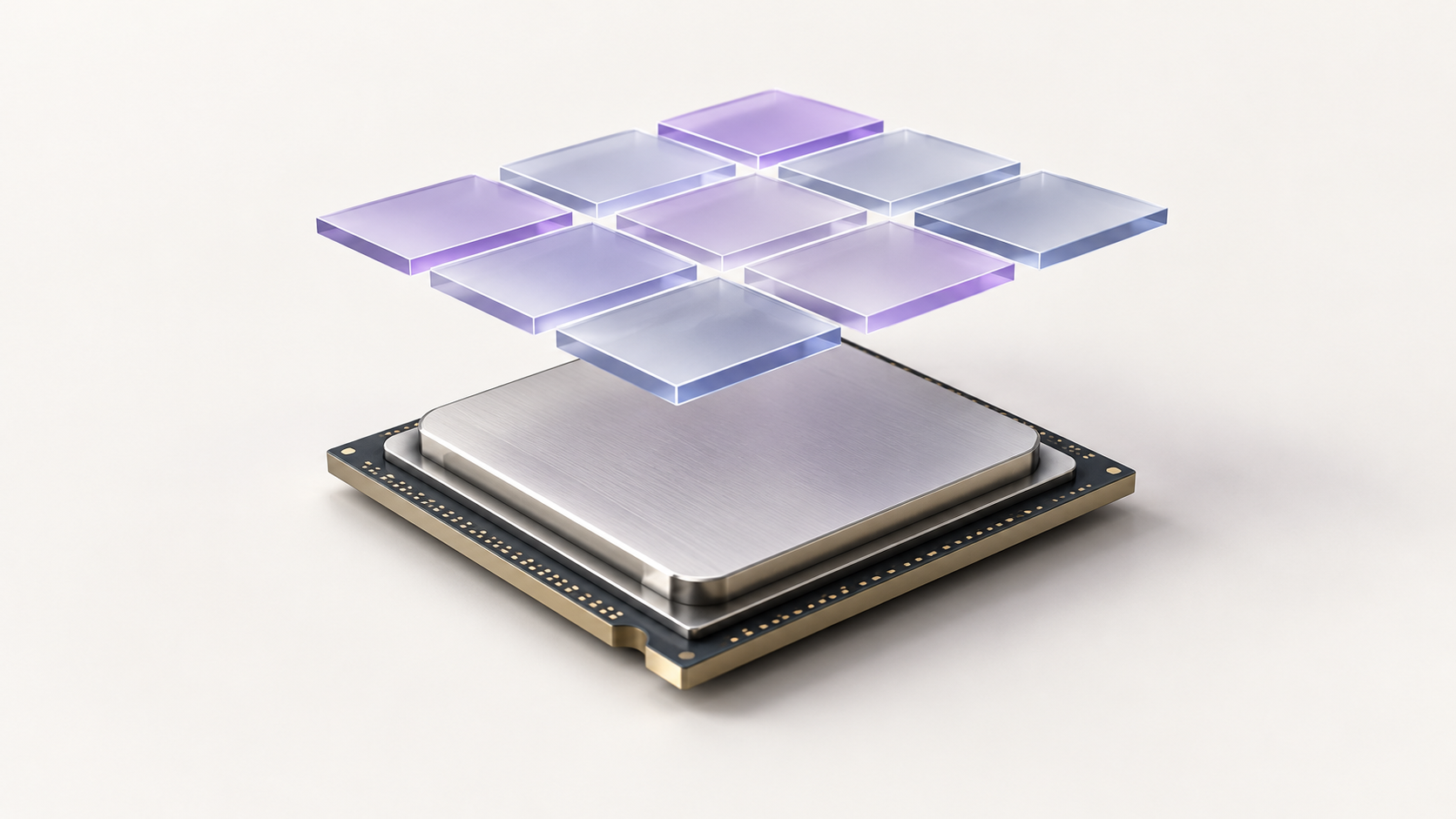 A processor chip beneath a floating grid of translucent purple and blue squares.