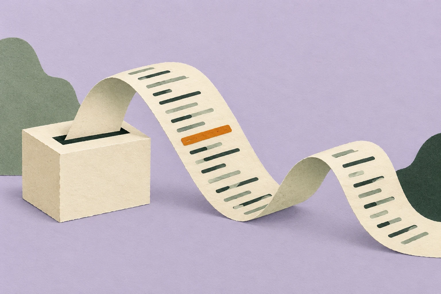 A cream paper ribbon with green log lines and an orange marker curls out of a box on a lavender background.