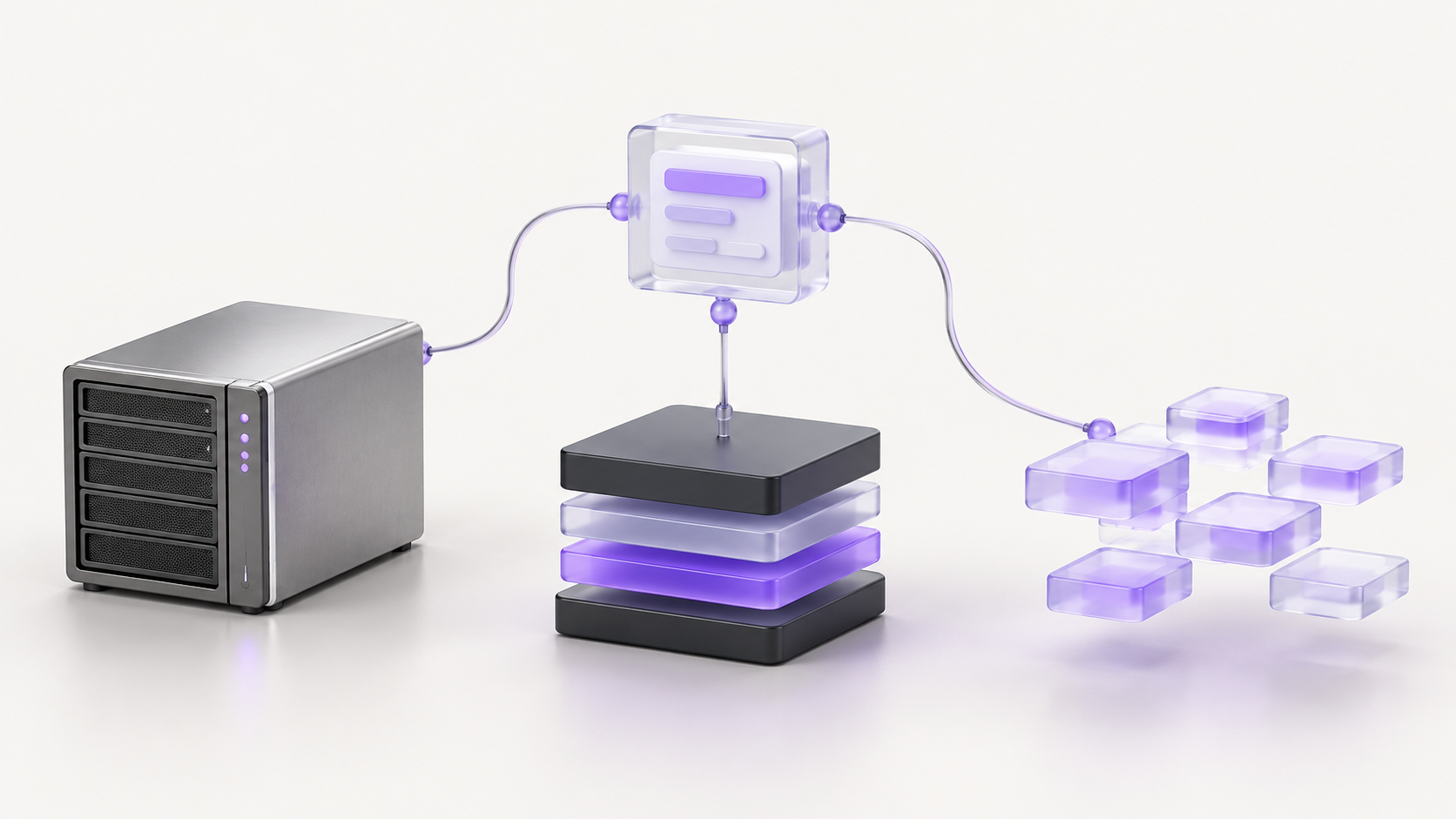 A translucent application module connected to a server, stacked platform layers, and floating purple tiles.