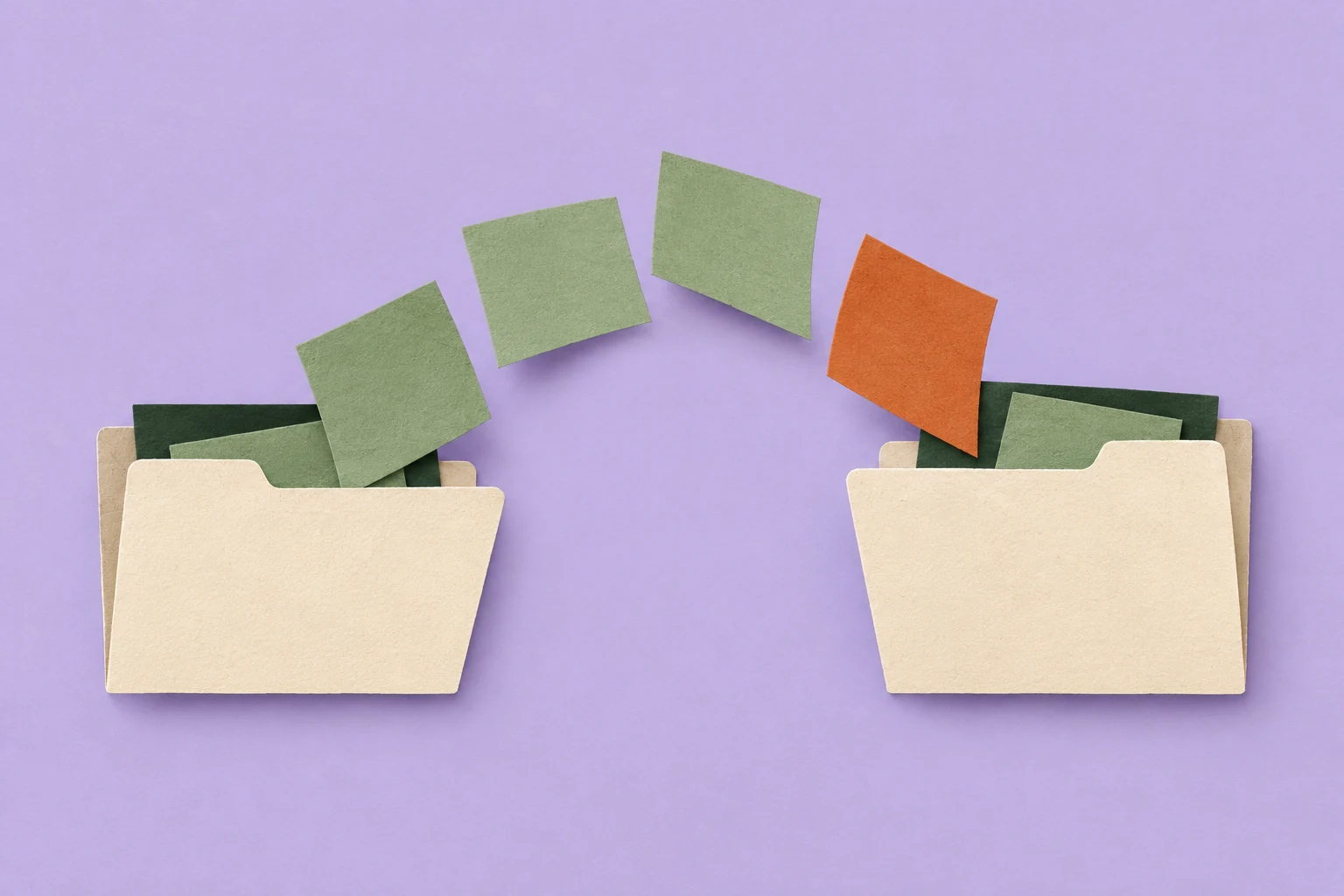 Green and orange paper sheets form a path between two cream folders on a pale lavender background.
