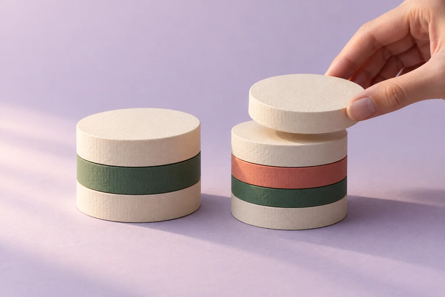 A hand places a cream paper disc onto a layered stack beside a second stack on a lavender surface.