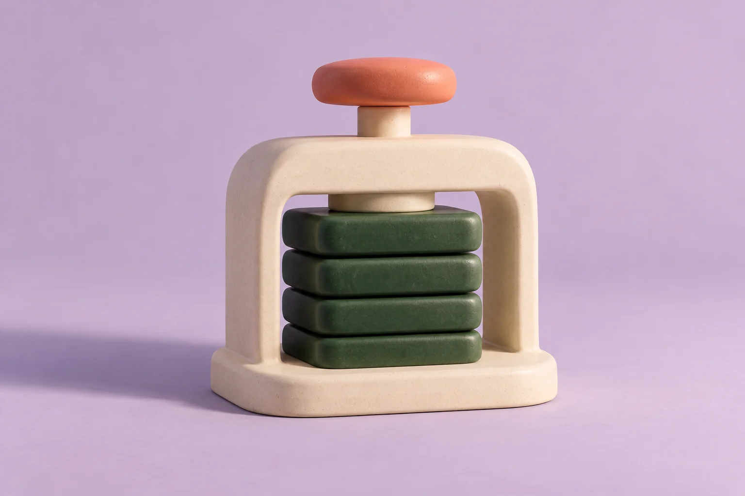 A cream sculptural press holding four green tiles beneath a coral knob on a lavender background.
