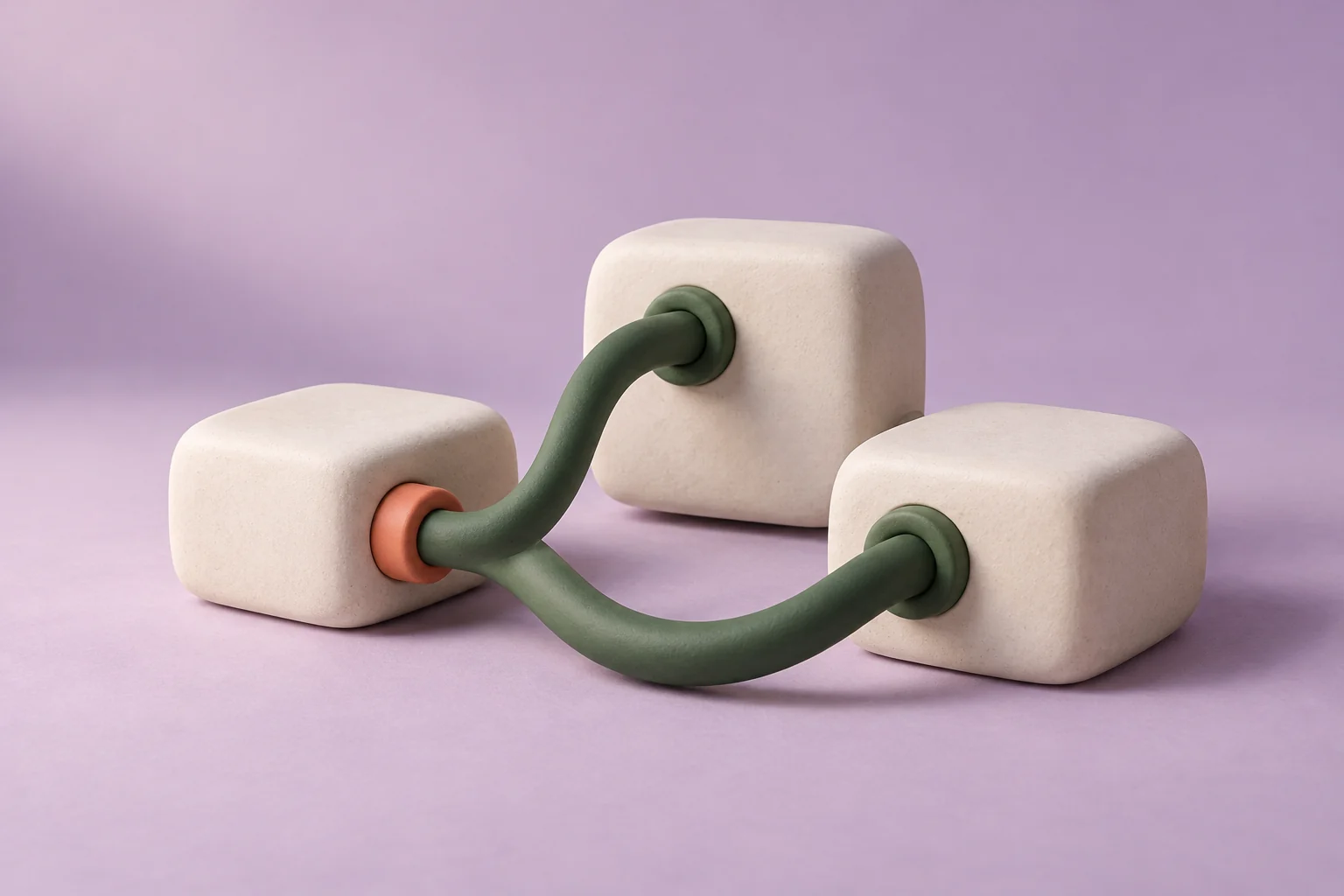 Three cream ceramic blocks connected by green cables with a coral collar on a pale lavender background.