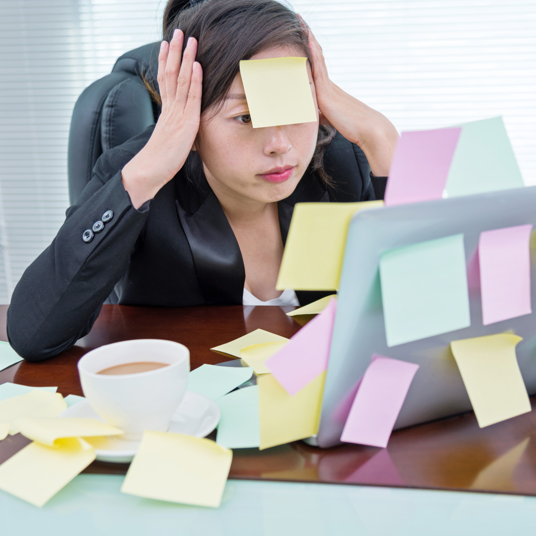 woman stressed about dental billing covered in sticky notes