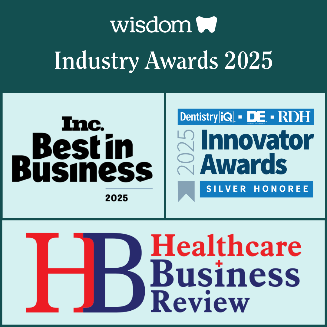 Graphic titled “Dental Billing Glossary” with an open book illustration at the bottom and the Wisdom logo at the top, set against a light teal background framed in dark teal.