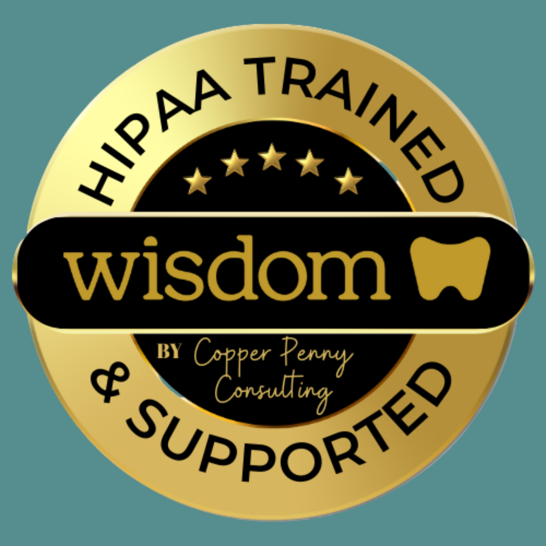 Graphic titled “Dental Billing Glossary” with an open book illustration at the bottom and the Wisdom logo at the top, set against a light teal background framed in dark teal.