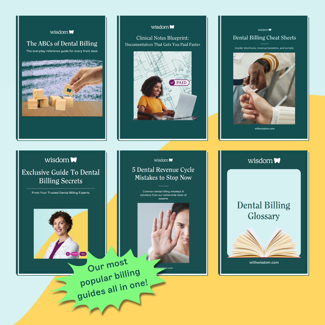 Graphic titled “Dental Billing Glossary” with an open book illustration at the bottom and the Wisdom logo at the top, set against a light teal background framed in dark teal.
