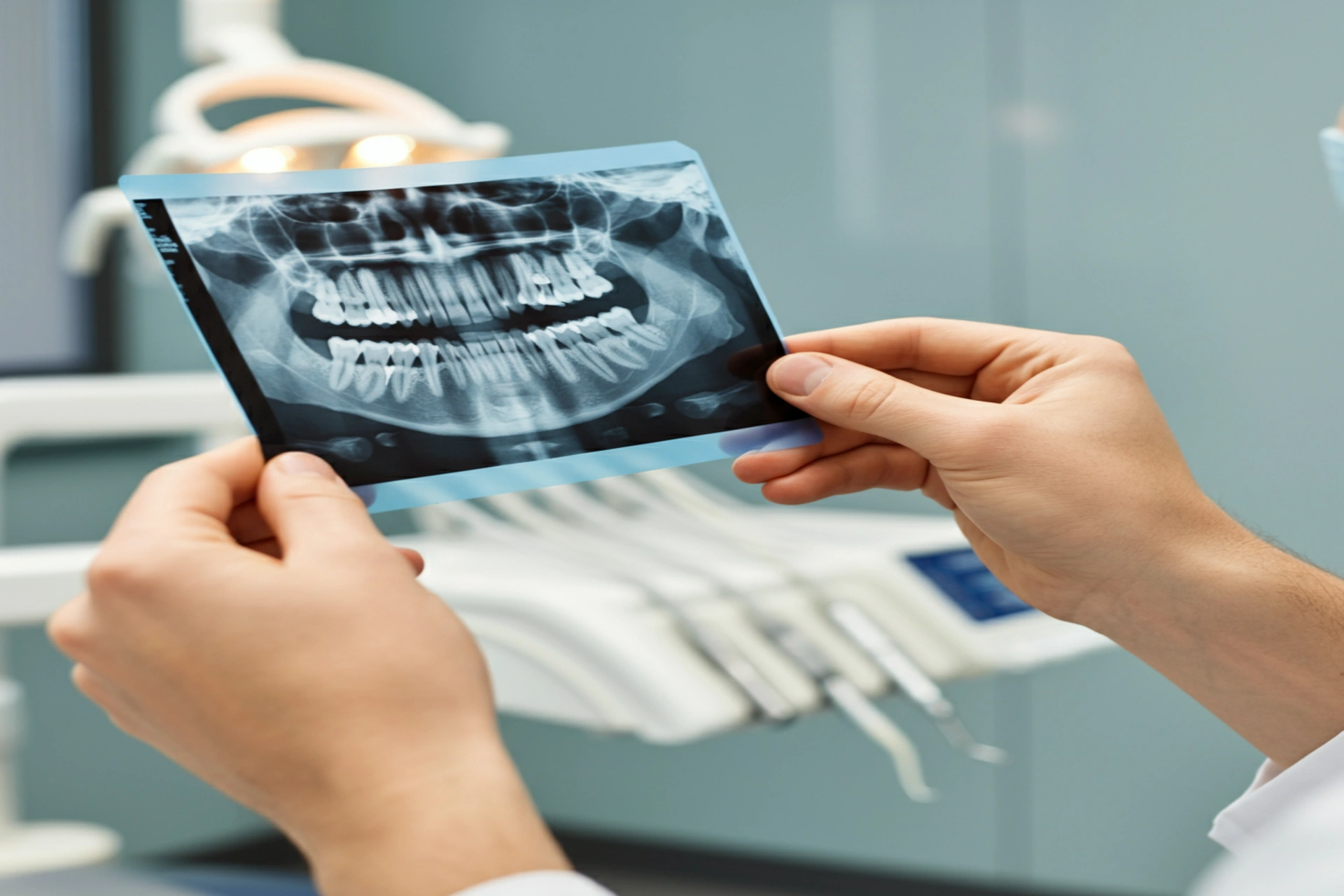 A close-up of a dentist's hands holding a panoramic X-ray film, set in a clean, professional dental environment