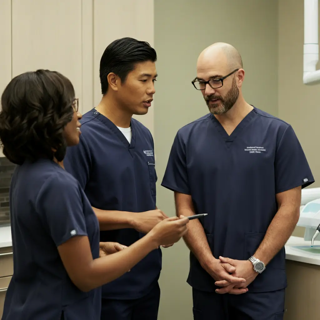 Dental professionals collaborating in a modern clinic, emphasizing HIPAA compliance and secure patient data management for dental practices.