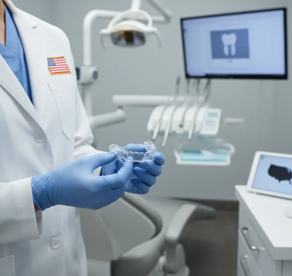 Dental Professional with Occlusal Guard: A clean image of a dental professional holding an occlusal guard in a dental office setting.