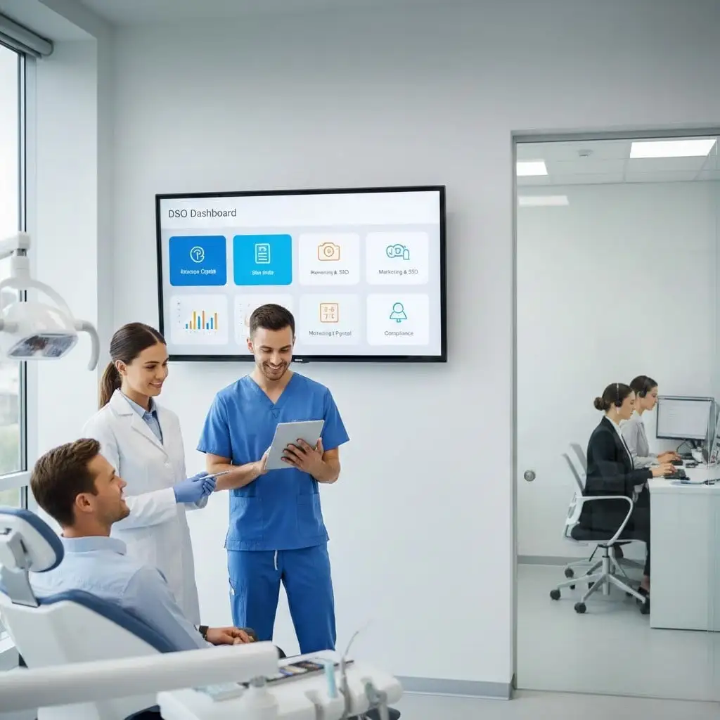 An infographic-style image explaining the dso meaning by showing a dentist transitioning from administrative stress to focused patient care with the help of a Dental Support Organization