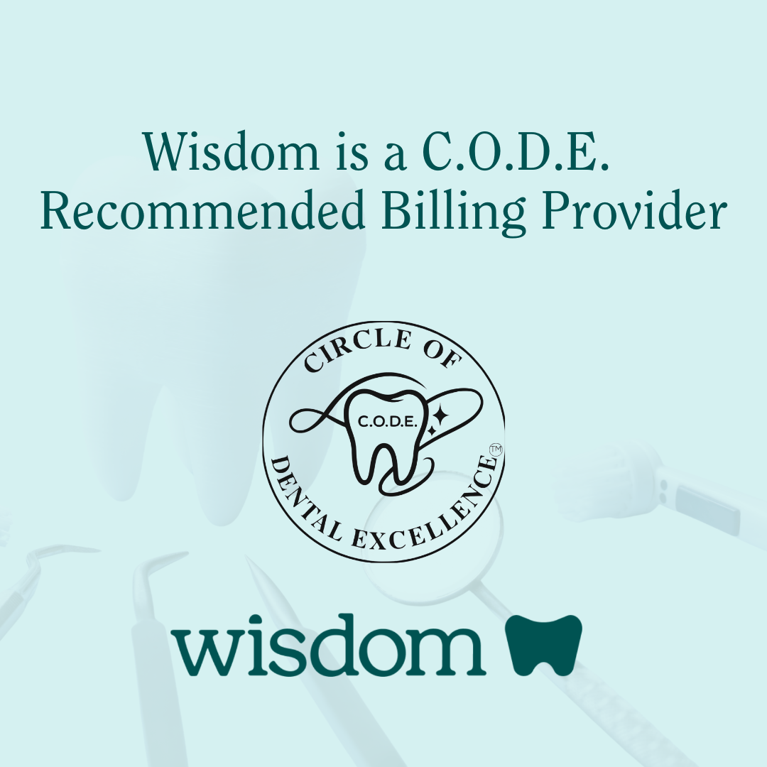 Graphic titled “Dental Billing Glossary” with an open book illustration at the bottom and the Wisdom logo at the top, set against a light teal background framed in dark teal.