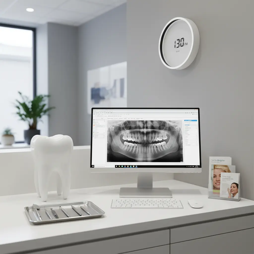 Modern dental office desk setup with a monitor displaying a dental X-ray and patient data, alongside dental tools, brochures, and a large tooth model, highlighting efficient payment posting processes.