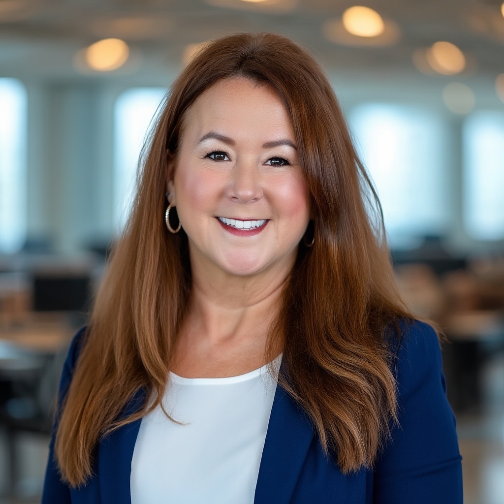 Portrait of a smiling woman with long dark curly hair, wearing a floral blouse and layered necklaces, against a light grey background.