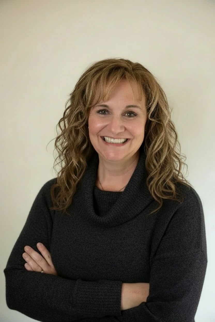 Portrait of a smiling woman with long dark curly hair, wearing a floral blouse and layered necklaces, against a light grey background.