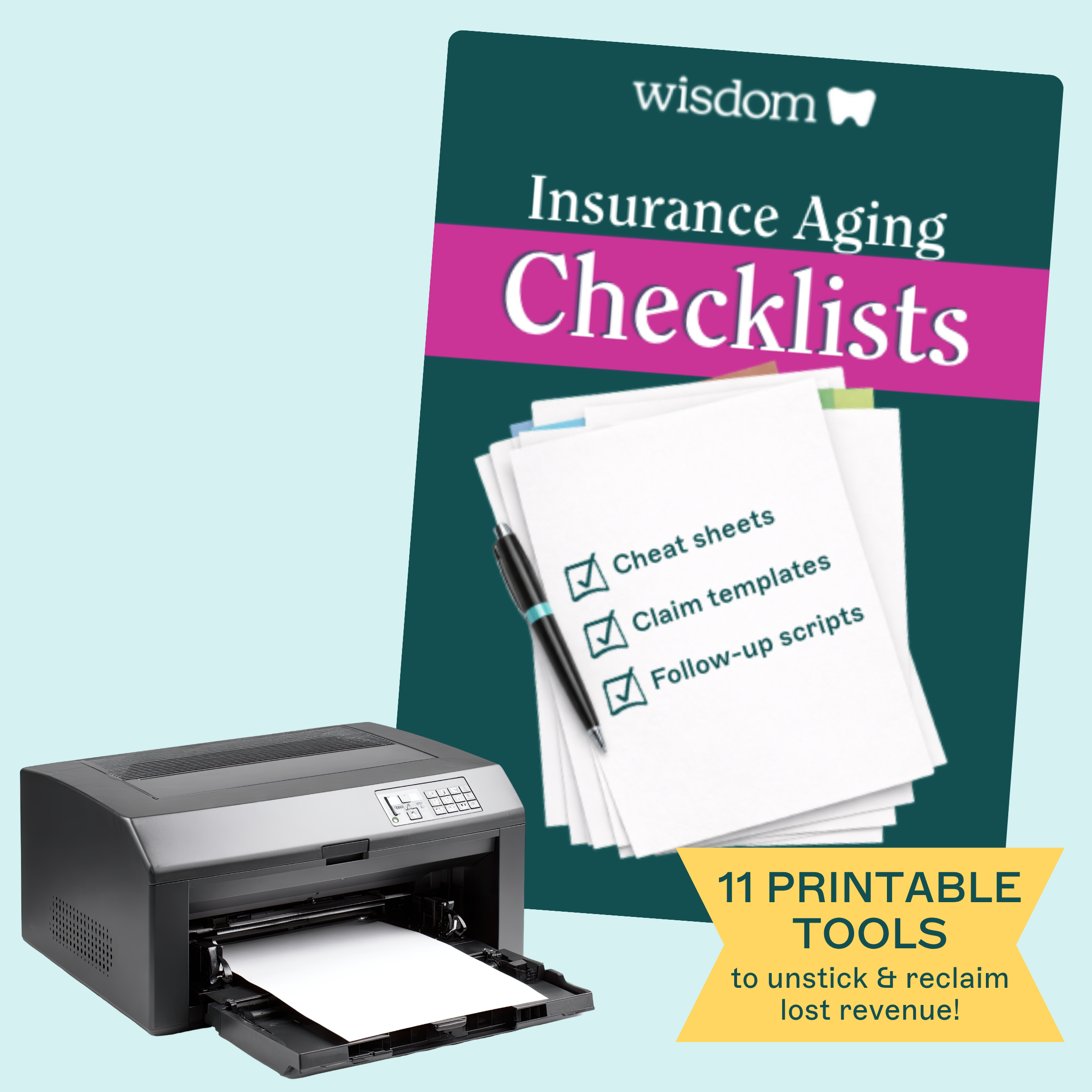 Graphic titled “Dental Billing Glossary” with an open book illustration at the bottom and the Wisdom logo at the top, set against a light teal background framed in dark teal.