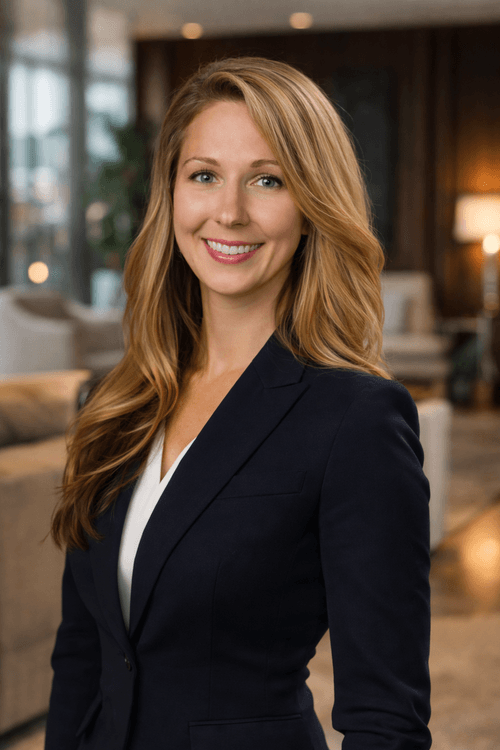 Portrait of a smiling woman with long dark curly hair, wearing a floral blouse and layered necklaces, against a light grey background.