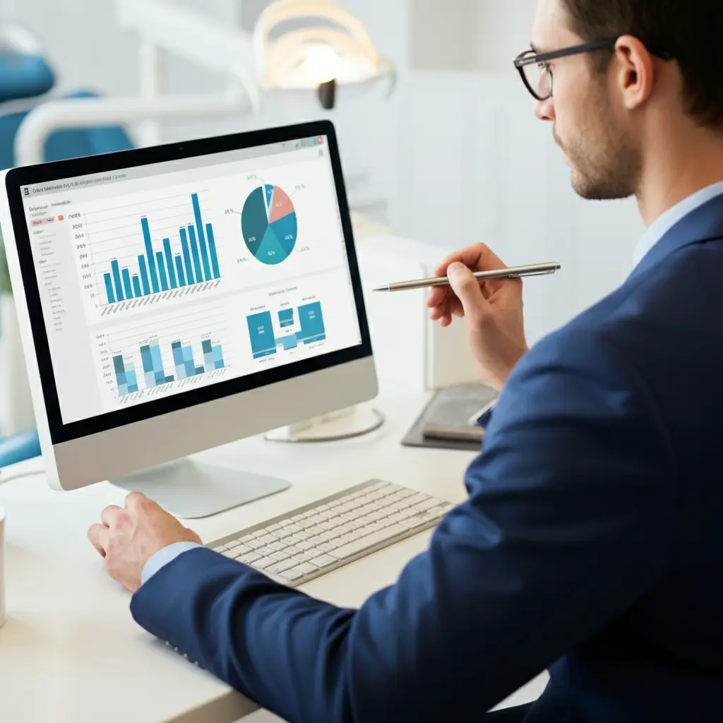 Man in a navy blazer reviewing financial dashboards and bar charts on a desktop computer in a dental office