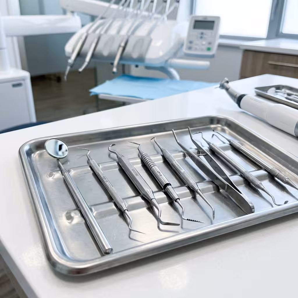 Close-up of dental tools in a modern clinic, emphasizing precision and cleanliness for D2950 dental code procedures