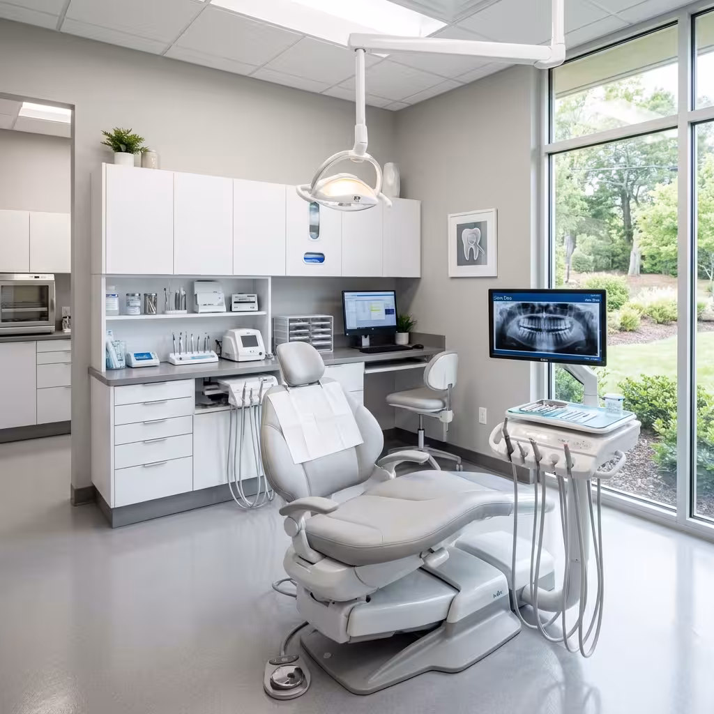  Modern dental office interior with a clean workspace and dental chair, showcasing a professional environment for D2950 dental code procedures.